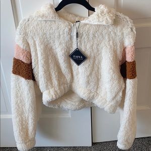 White quarter zip teddy sweater